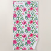 ピンクのハイビスカスのエキゾチックな熱帯花のパターン ビーチタオル (正面)