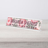 ピンクのハイビスカスのハワイの花模様 デスクネームプレート (正面)