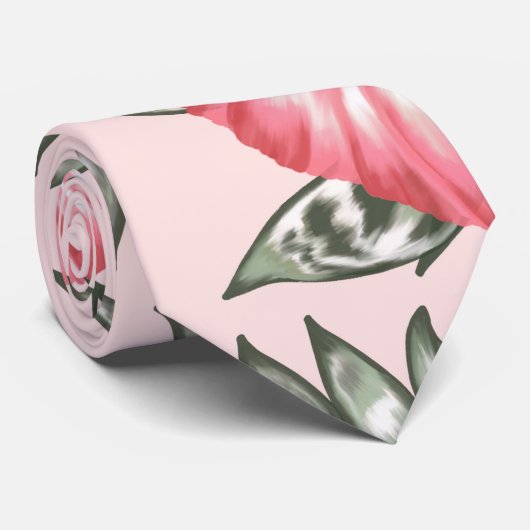 ピンクのハイビスカスのハワイの花模様 ネクタイ (ロール)