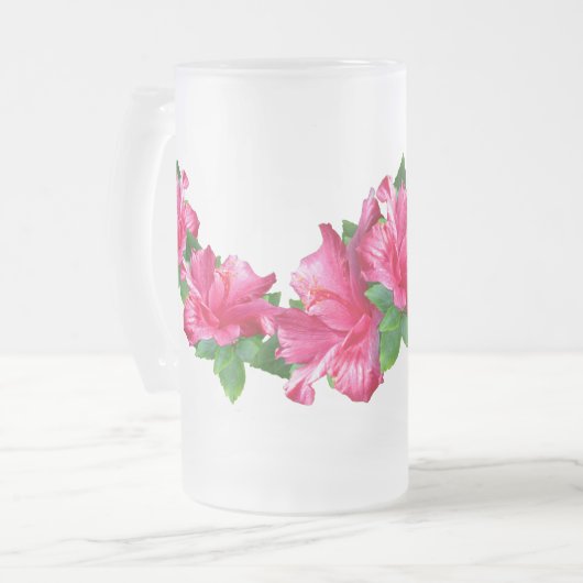ピンクのハイビスカスのレイのマグ フロストグラスビールジョッキ (正面左)