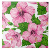 ピンクのハイビスカスの水彩模様 タイル (正面)