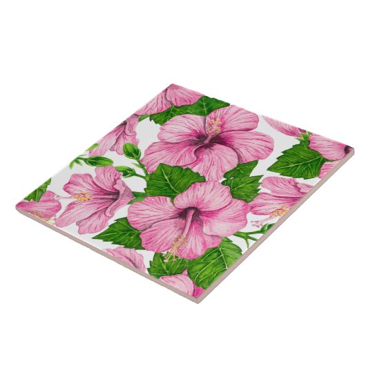 ピンクのハイビスカスの水彩模様 タイル (側面)