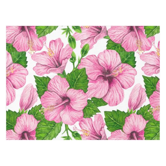ピンクのハイビスカスの水彩模様 テーブルクロス (正面(横))
