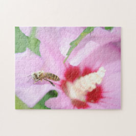 ピンクのハイビスカスの花とハニービーかわいい ジグソーパズル