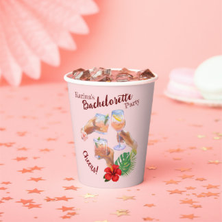 ピンクのハイビスカスの花とヤシの葉のビーチパーティー 紙コップ