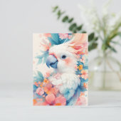 ピンクのハイビスカスの花と白いオウム ポストカード (スタンド正面)