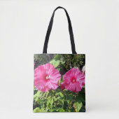 ピンクのハイビスカスの花の巾着式リュック トートバッグ (正面)