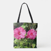 ピンクのハイビスカスの花の巾着式リュック トートバッグ (裏面)