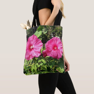 ピンクのハイビスカスの花の巾着式リュック トートバッグ