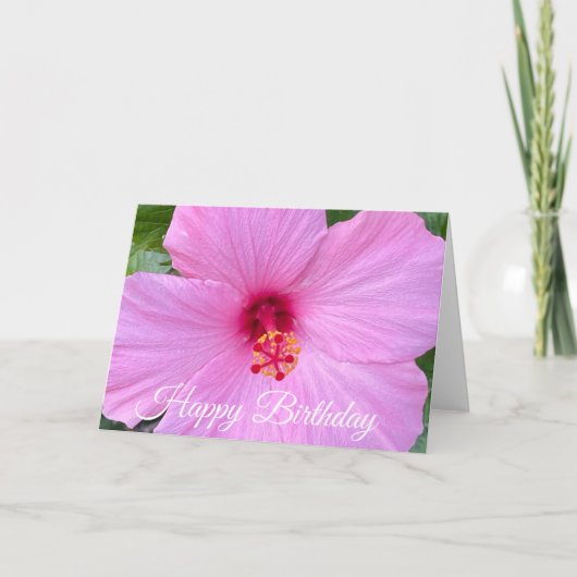ピンクのハイビスカスの花の誕生日おめでとう カード (正面)