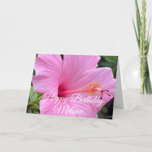 ピンクのハイビスカスの花の誕生日おめでとう カード (正面)