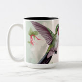 ピンクのハイビスカスの花を持つ2羽のハミングバード ツートーンマグカップ (左)