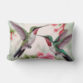 ピンクのハイビスカスの花を持つ2羽のハミングバード ランバークッション (正面)