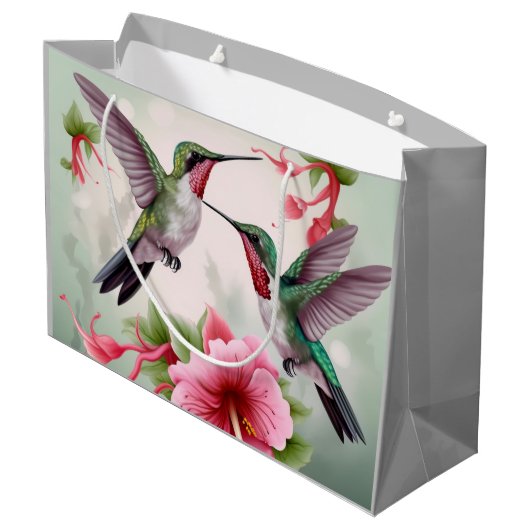 ピンクのハイビスカスの花を持つ2羽のハミングバード ラージペーパーバッグ (裏面アングル)