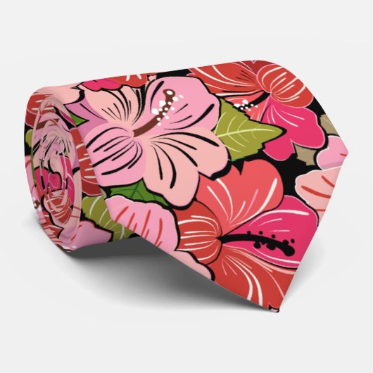 ピンクのハイビスカスの花模様 ネクタイ (ロール)