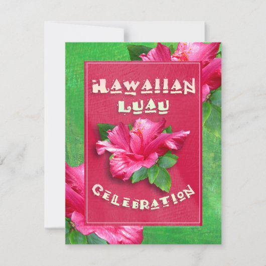ピンクのハイビスカスの誕生日のルアウ（ハワイ式宴会）の招待状 招待状 (正面)