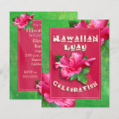ピンクのハイビスカスの誕生日のルアウ（ハワイ式宴会）の招待状 招待状 (正面/裏面)