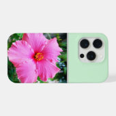 ピンクのハイビスカスの雨のしずく、 iPhoneケース (裏面横)