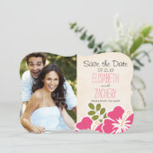 ピンクのハイビスカストロピカルテーマSave the Date Card セーブザデート (スタンド正面)