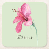 ピンクのハイビスカスフラワーウォーター色 スクエアペーパーコースター (正面)