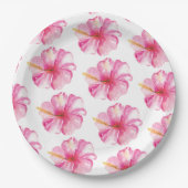 ピンクのハイビスカスフラワーパターン紙プレート ペーパープレート (正面)