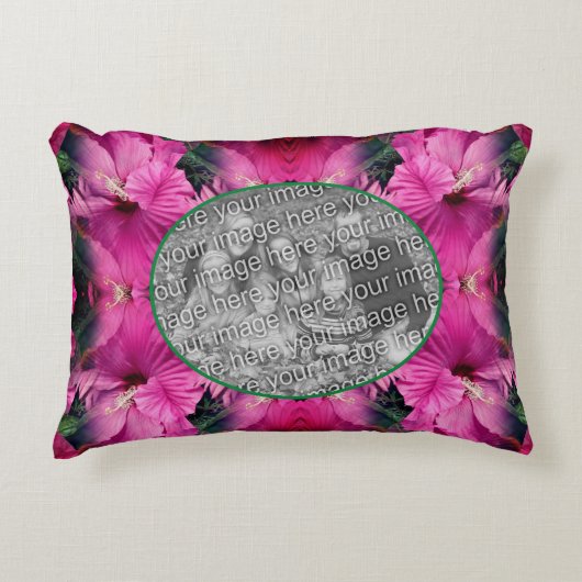 ピンクのハイビスカスフラワーフレーム自分の写真を作成 アクセントクッション (正面)