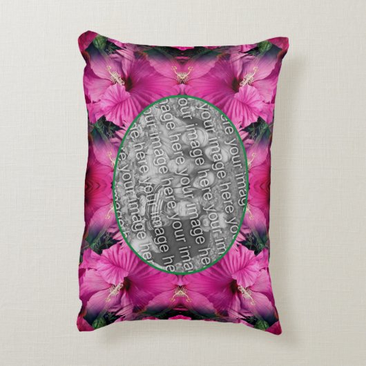 ピンクのハイビスカスフラワーフレーム自分の写真を作成 アクセントクッション (裏面(縦))