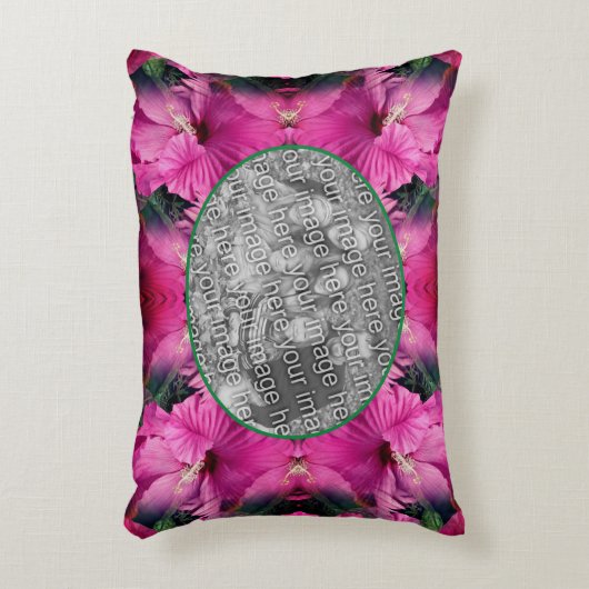 ピンクのハイビスカスフラワーフレーム自分の写真を作成 アクセントクッション (正面(垂直))