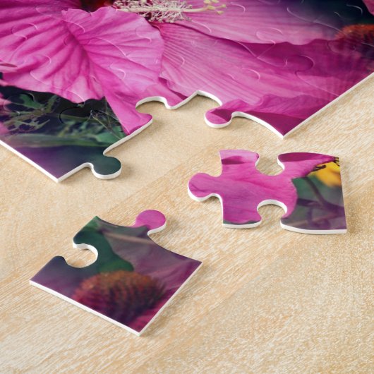 ピンクのハイビスカスフラワーフレーム自分の写真を作成 ジグソーパズル (側面)