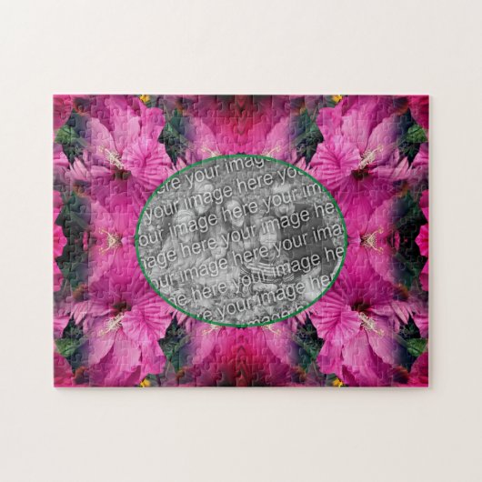 ピンクのハイビスカスフラワーフレーム自分の写真を作成 ジグソーパズル (横)