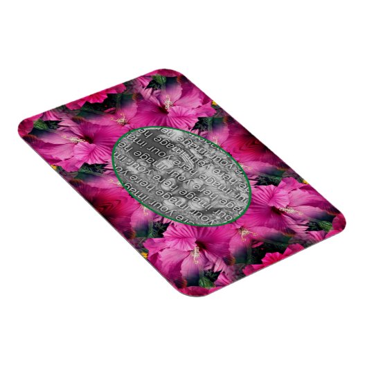 ピンクのハイビスカスフラワーフレーム自分の写真を作成 マグネット (右側)