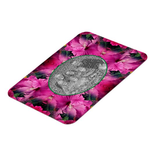 ピンクのハイビスカスフラワーフレーム自分の写真を作成 マグネット (左側)