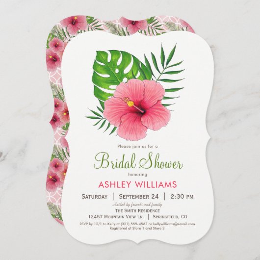 ピンクのハイビスカスフラワーブライダルシャワー招待 招待状 (正面/裏面)