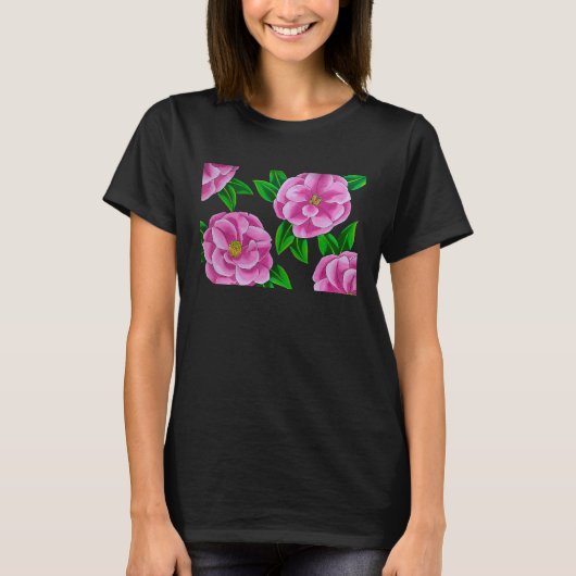 ピンクのハイビスカスフラワー Tシャツ (正面)