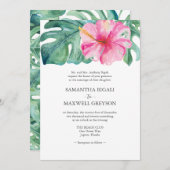 ピンクのハイビスカスフローモンステラフォーマルリーフ結婚ズ 招待状 (正面/裏面)