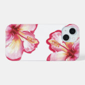 ピンクのハイビスカス水彩アート iPhone 15ケース (裏面横)