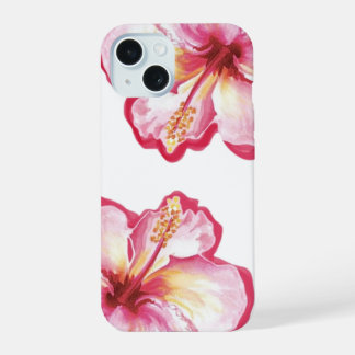 ピンクのハイビスカス水彩アート iPhone 15ケース
