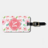 ピンクのハイビスカス水彩花モノグラム ラゲッジタグ (正面横)