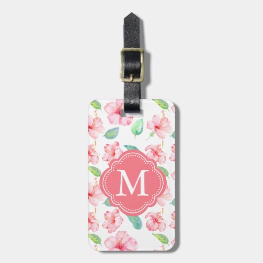 ピンクのハイビスカス水彩花モノグラム ラゲッジタグ (正面縦)