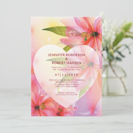 ピンクのハイビスカス結婚フラワーのフローラハート露 案内状 (スタンド正面)