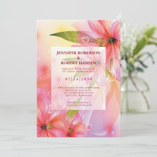 ピンクのハイビスカス結婚フラワーのフローラ 案内状 (スタンド正面)