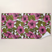 ピンクのハイビスカス花 ビーチタオル (正面)