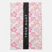 ピンクのハイビスカス、ピンクの花、あなたの名前 キッチンタオル (縦)