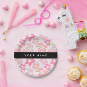 ピンクのハイビスカス、ピンクの花、あなたの名前 ペーパープレート (パーティー)