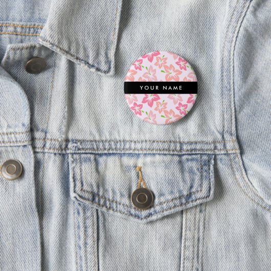 ピンクのハイビスカス、ピンクの花、あなたの名前 缶バッジ (インサイチュ)