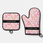 ピンクのハイビスカス、ピンクの花、あなたの名前 鍋つかみ&鍋敷きセット (正面)