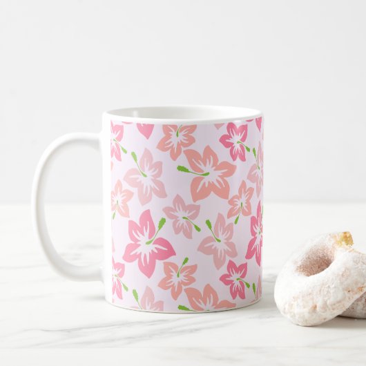 ピンクのハイビスカス、ピンクの花、花のパターン コーヒーマグカップ (ドーナツ)