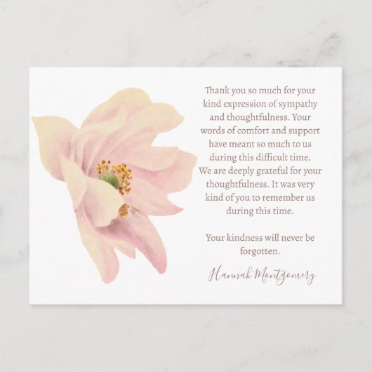 ピンクのハスのお悔やみ感謝カード, 追悼 ポストカード (正面)