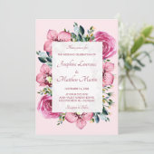 ピンクのハスの花とバラの結婚式招待状 招待状 (スタンド正面)