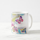 ピンクのハスの花と蝶 コーヒーマグカップ (正面右)